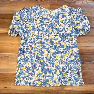 TCEC Floral Puff Sleeve Blouse in Blue, Yellow & Pink